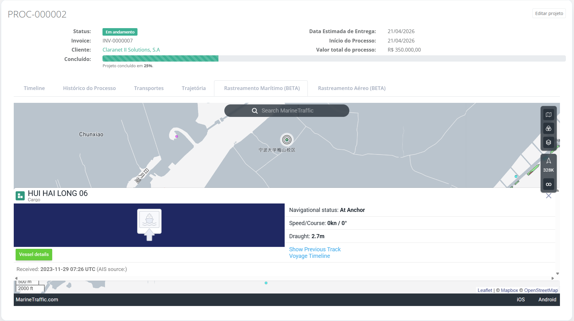 Preview do rastreamento maritimo do portal GECOM